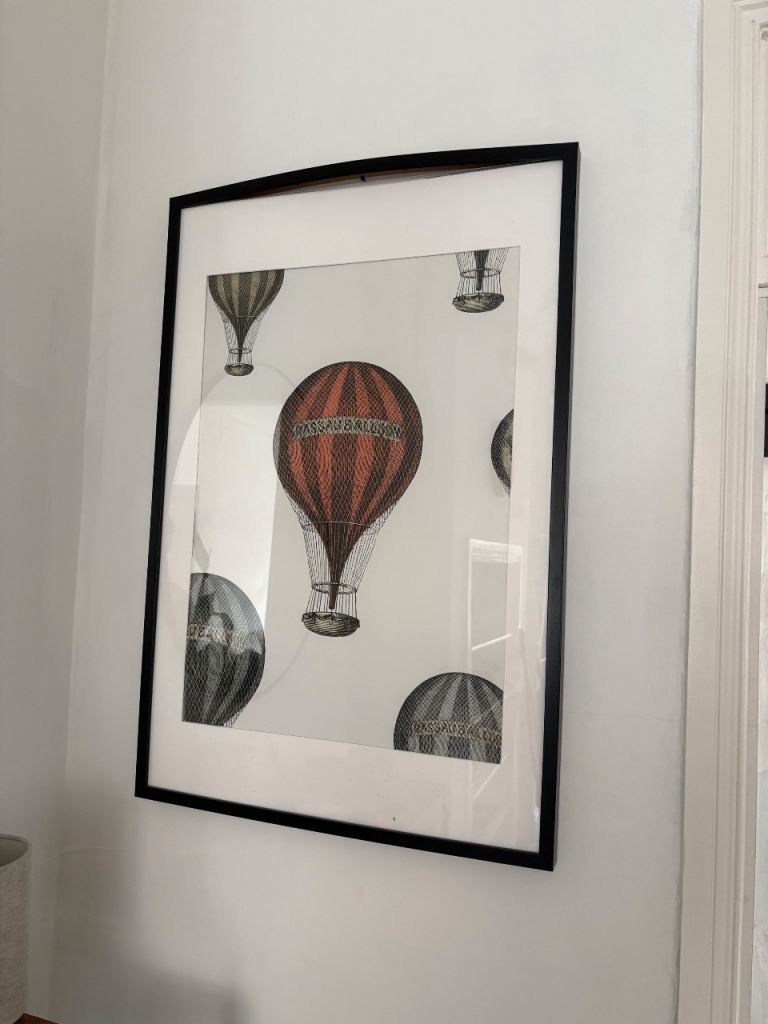 Framed Hot Air Balloon Print – Black Frame, Good Condition