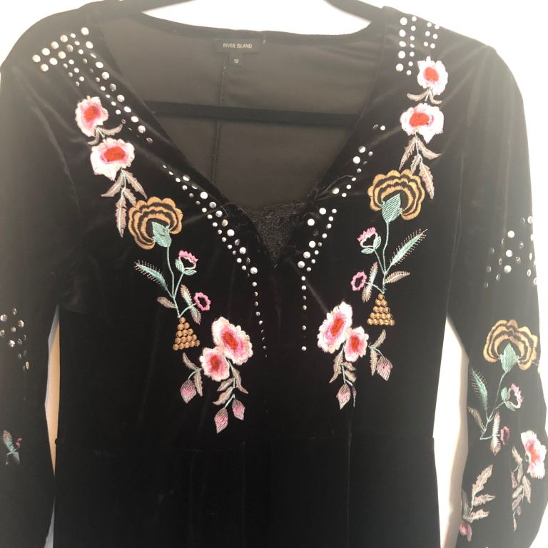 River Island Black Velvet Dress with Embroidery, Size 12