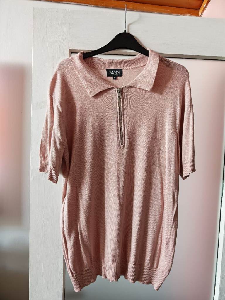 MAN Pink Knitted Polo Shirt with Zip – Size M, As Good As New