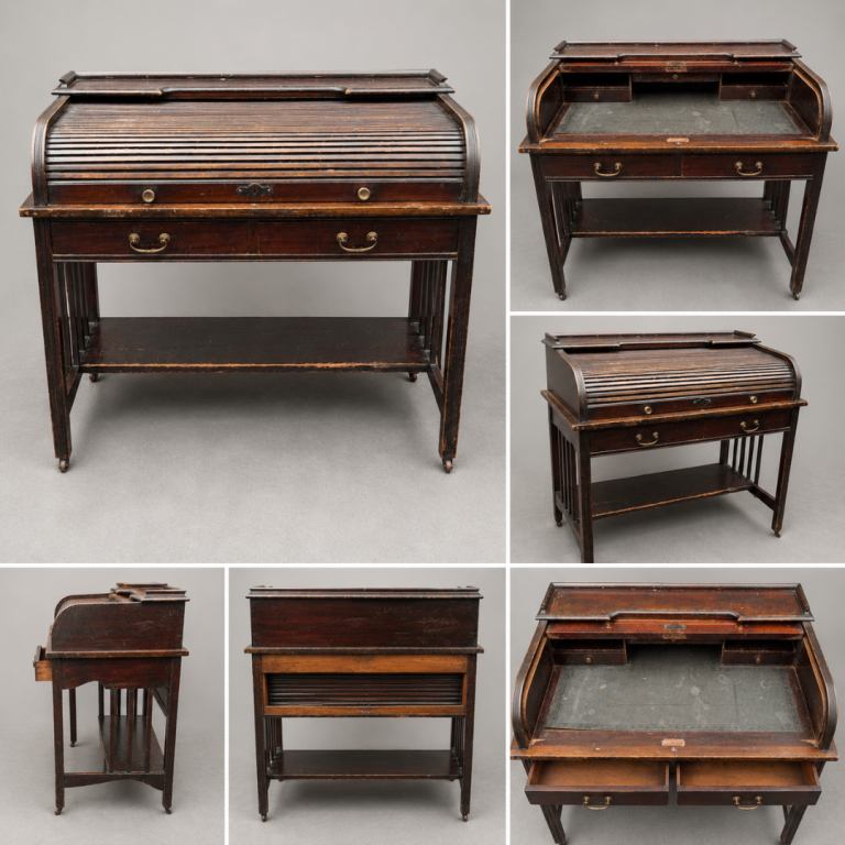 Antique Edwardian Mahogany Roll Top Desk / Tambour Writing Bureau 