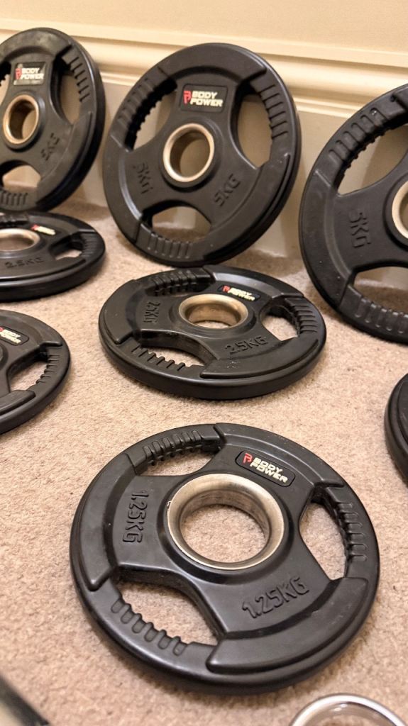 Bodypower Olympic rubber tri-grip weight plates and two dumbbell bars (35Kg) with spring collars.