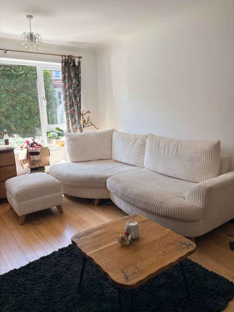 Cream Corduroy Corner Sofa with Footstool – Good Condition