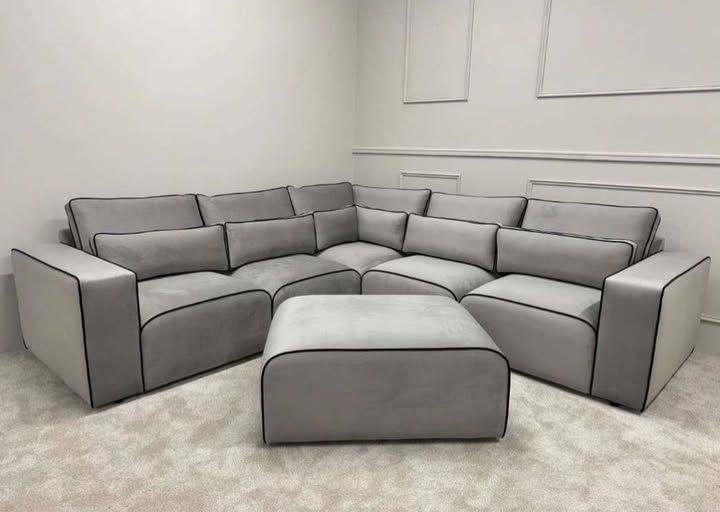 Modern Grey Fabric Corner Sofa with Cushions