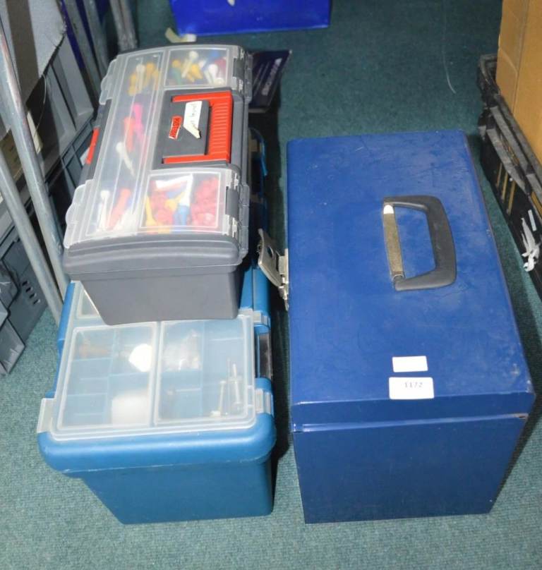 Empty plastic craft / tool boxes , large and small + metal file box 