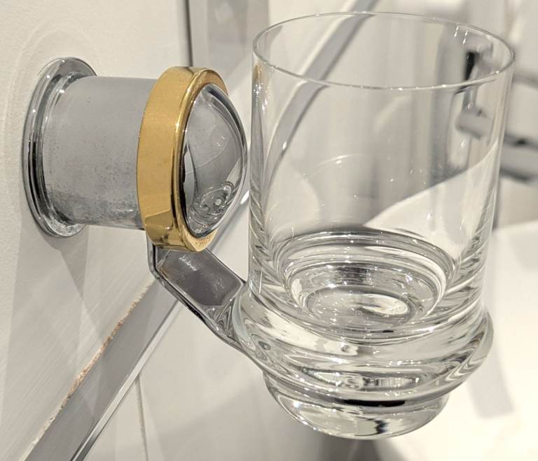 KEUCO APOLLO GLASS TUMBLER CHROME HOLDER GOLD TRIM 5.8cm W x 11cm D x 9.5cm H