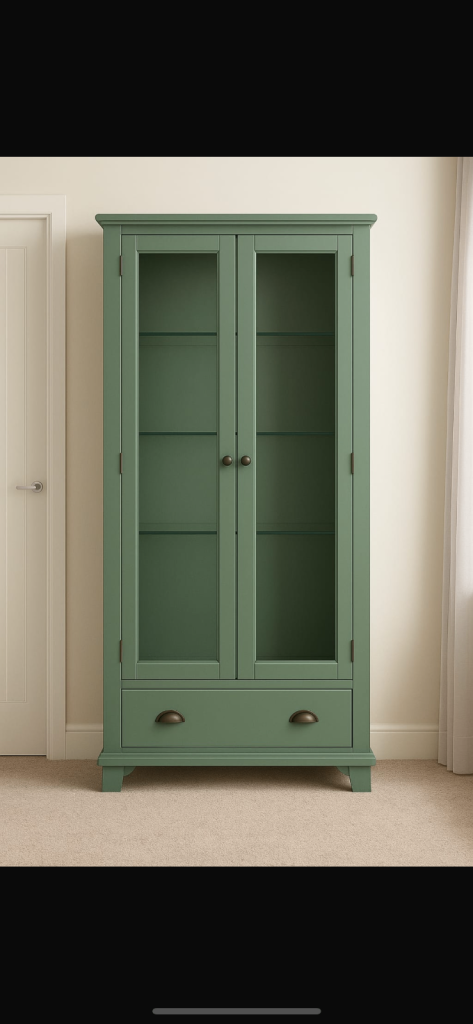 Refurbished Glass Display Cabinet – Sage green