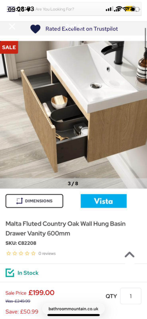 Malta Fluted Country Oak Wall Hung Basin Drawer Vanity 600mm