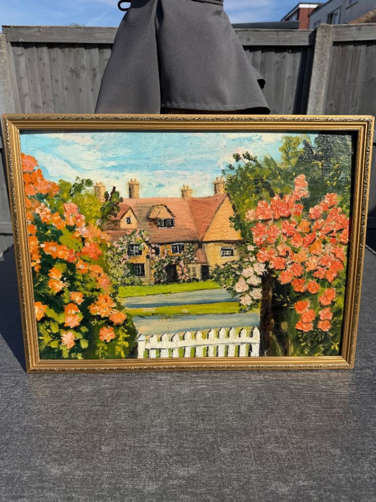 Vintage Framed Oil Painting -Country Cottage Garden Landscape Impasto Gold Frame