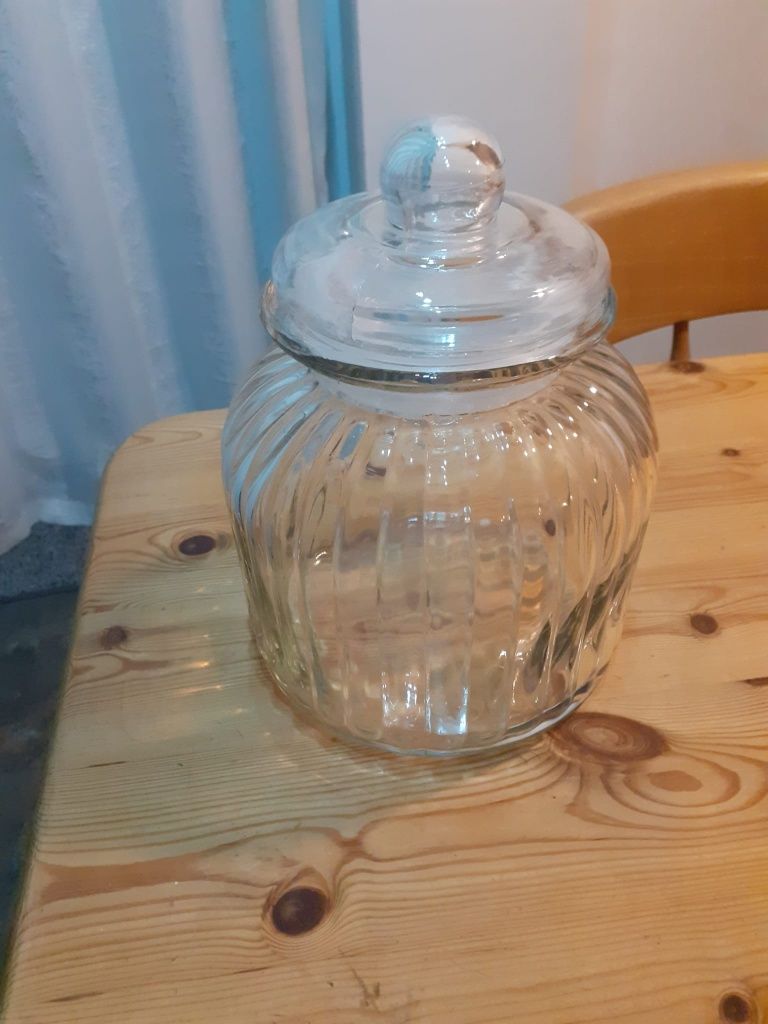 Large lidded fluted clear glass canister / jar