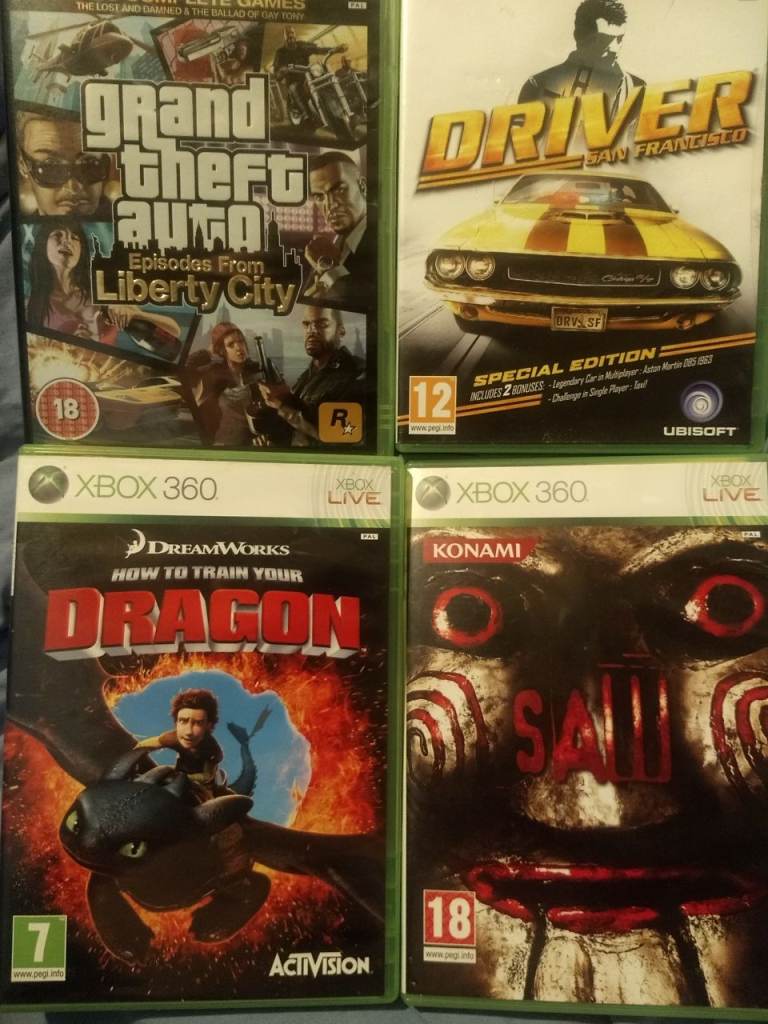 Xbox 360 Games (Saw, DriverSanfran, Grand Theft Liberty, How to train Dragon etc)