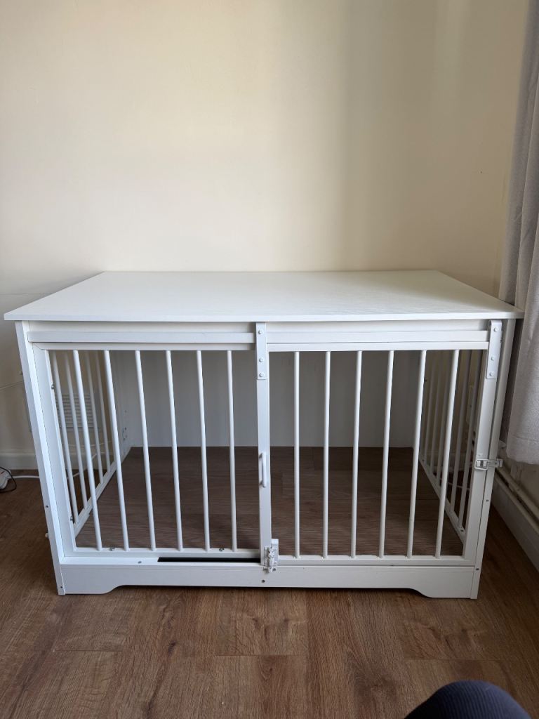 White Wooden Dog Crate Furniture / Side Table with Custom Flooring (Large)