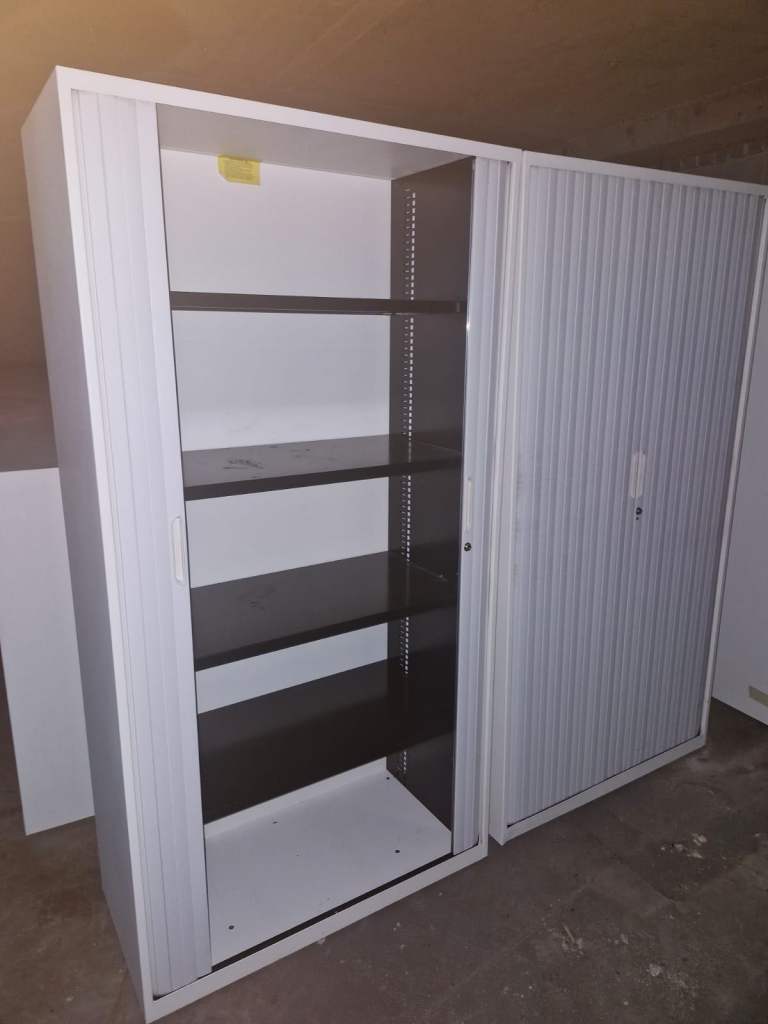 Light grey tall Tambour cupboards file cabinets (10 available)