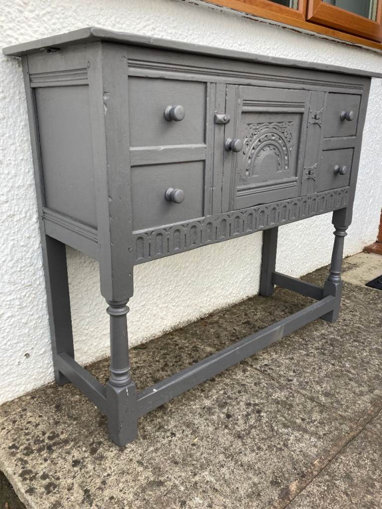 OLD CHARM/JACOBEAN STYLE GREY PAINTED SMALLER SIZE SIDEBOARD