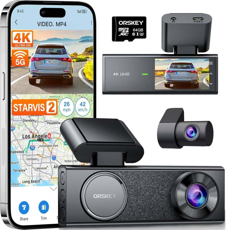 ORSKEY K80 Dash Cam Set 4K Front and 2K Rear, STARVIS 2 Sensor, 64GB Card, New/Boxed/Sealed