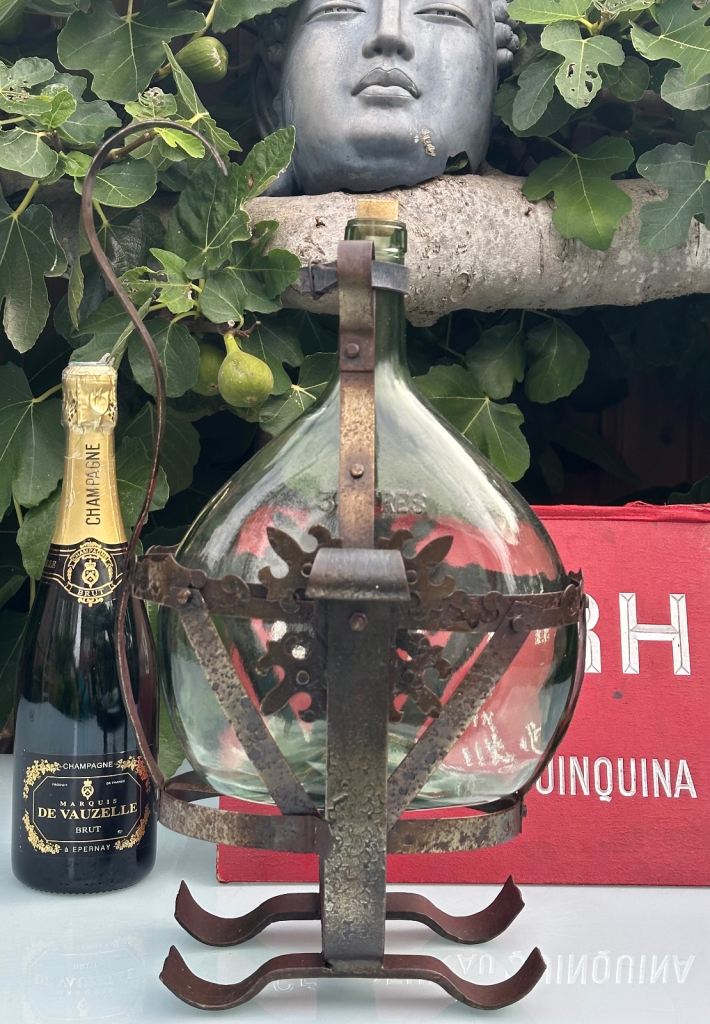 ANTIQUE FRENCH WINE POURER, BOTTLE CRADLE & 3L DEMIJOHN, WROUGHT IRON STRAP WORK - WILL POST!