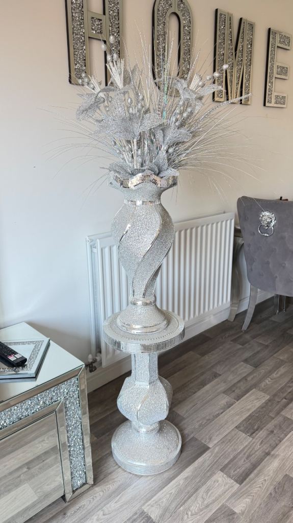 Sparkly Silver Floor Vase with Faux Flowers and Matching Pedestal