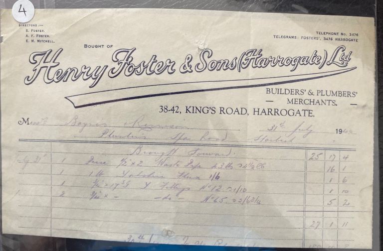 Vintage Henry Foster & Sons Harrogate Receipt – Old Builders & Plumbers Merchant Bill