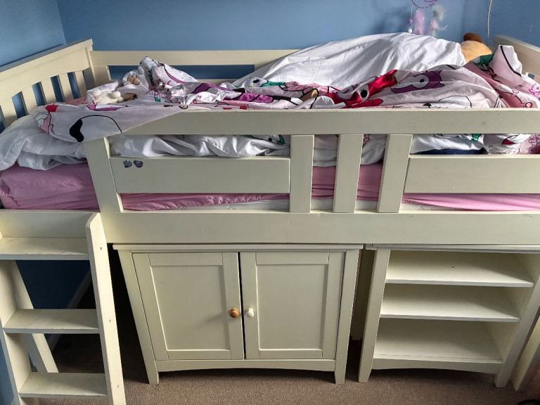 Cream Wooden Mid-Sleeper Bed with Storage and Ladder