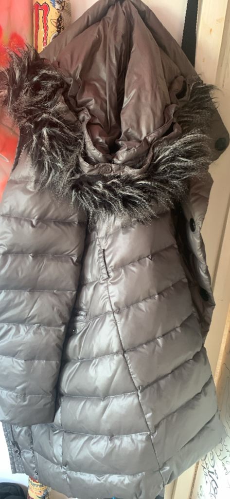 Warm Grey Puffer Coat with Faux Fur Hood
