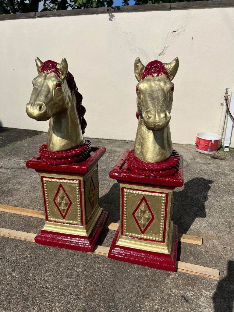 2 large concrete horse head sculptures with stands for garden or entryway posts