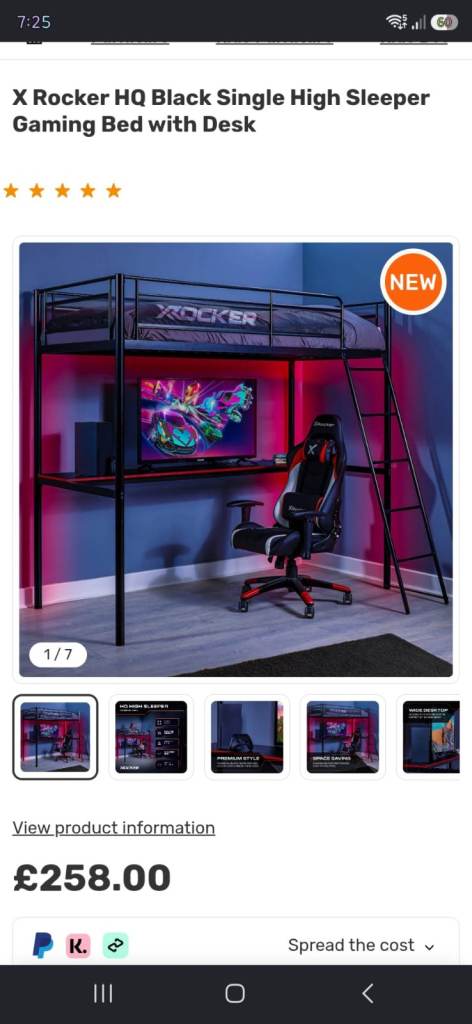 X Rocker HQ Gaming High Sleeper Bed - Single, Black Metal Frame, Desk