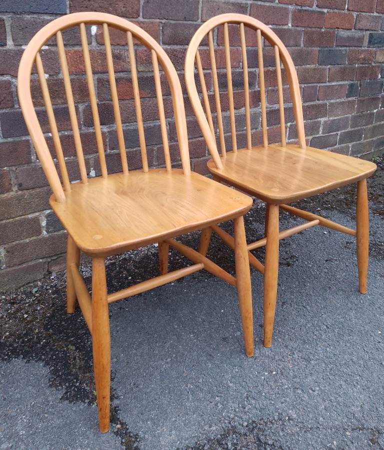 Two Ercol 370 Dining Chairs Vintage Blue Label 