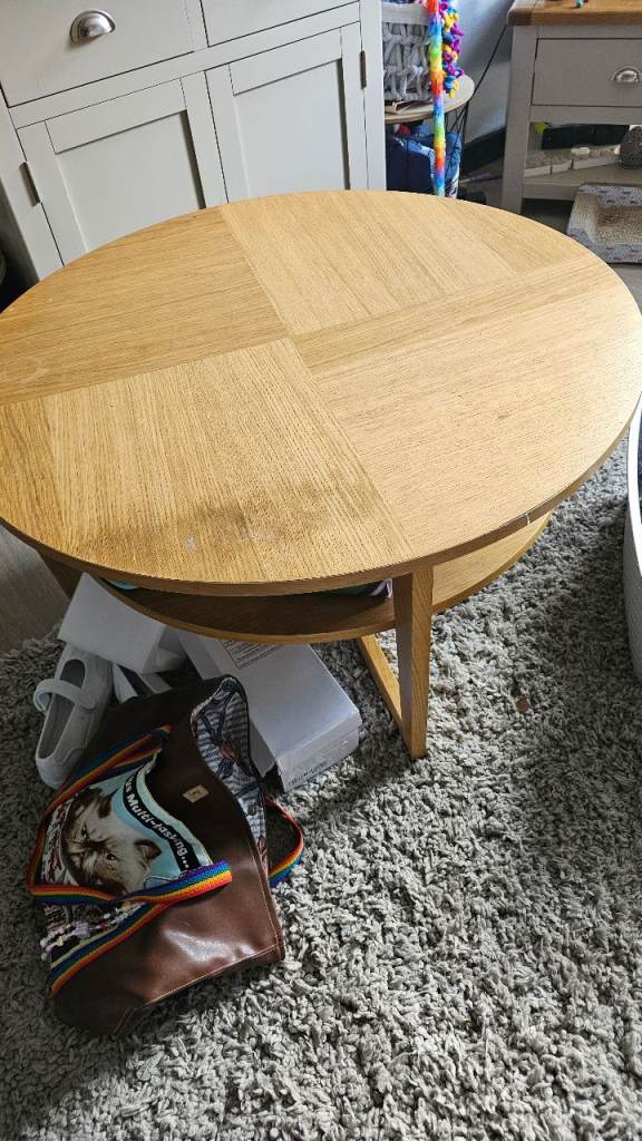 Round Wooden Coffee Table with Storage Shelf –good Condition