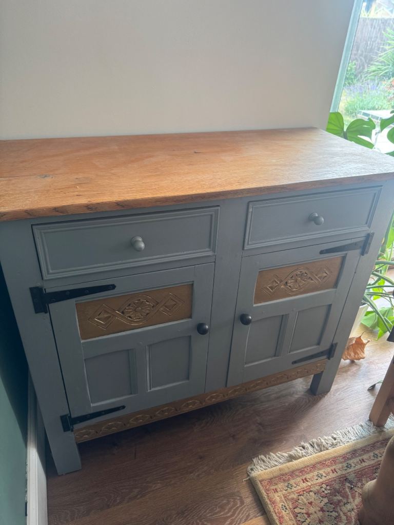 Grey Wooden Sideboard with Carved Detail – Good Condition