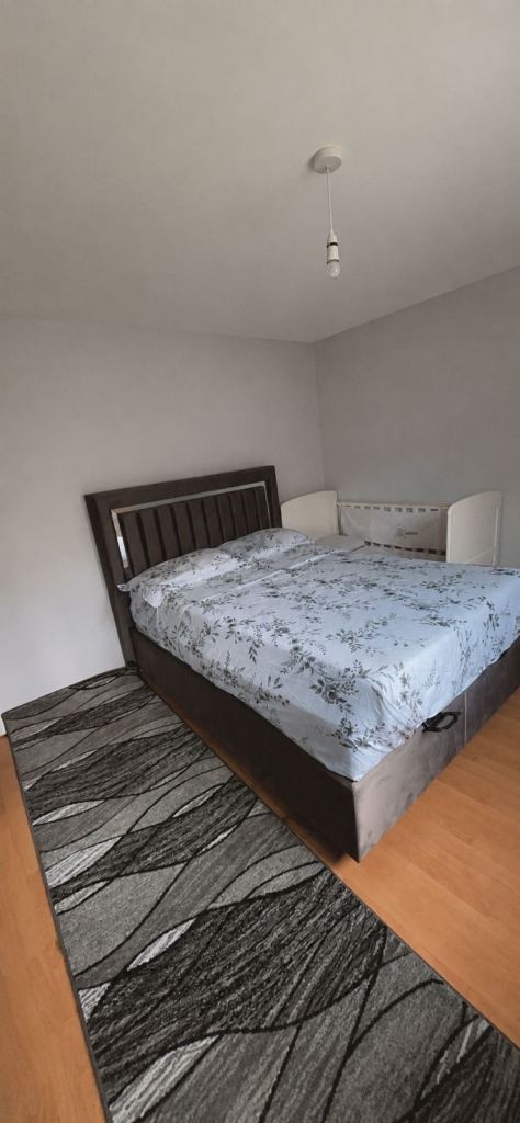 Queen Bed with Storage – Grey Fabric, Good Condition