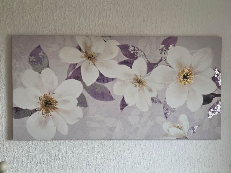 White & Purple Floral Canvas Wall Art – Good Condition