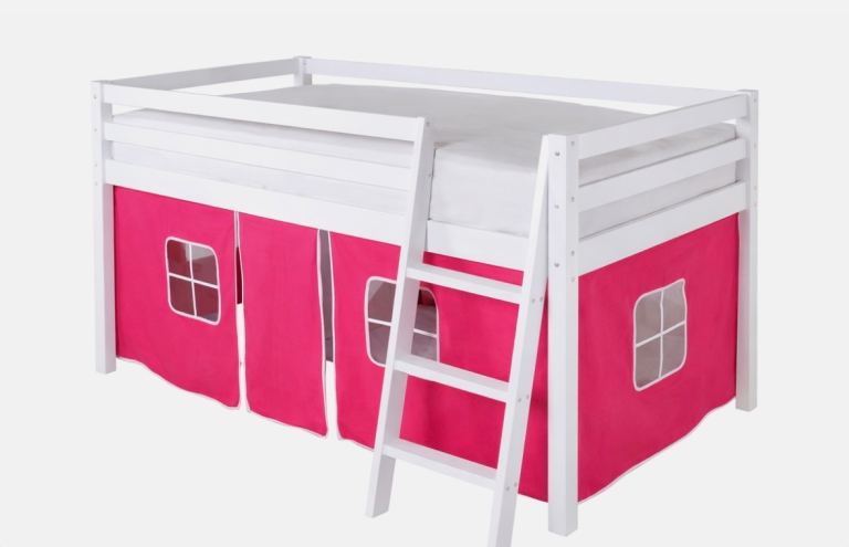 White Wooden Cabin Bed base with Pink Tent - Mid Sleeper