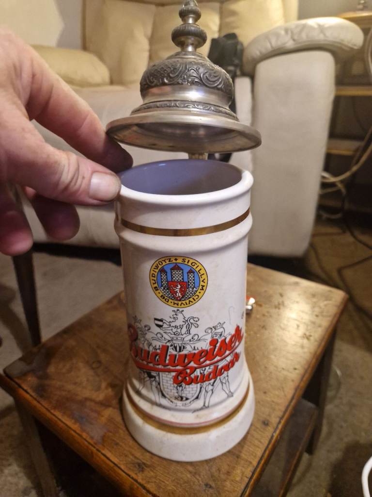Budweiser Ceramic Beer Stein with Pewter Lid – Good Condition
