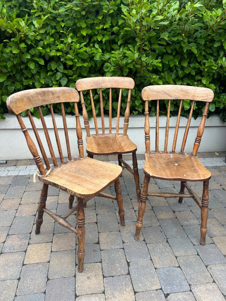 Antique elm wood stick back farmhouse cottage chairs x 3 