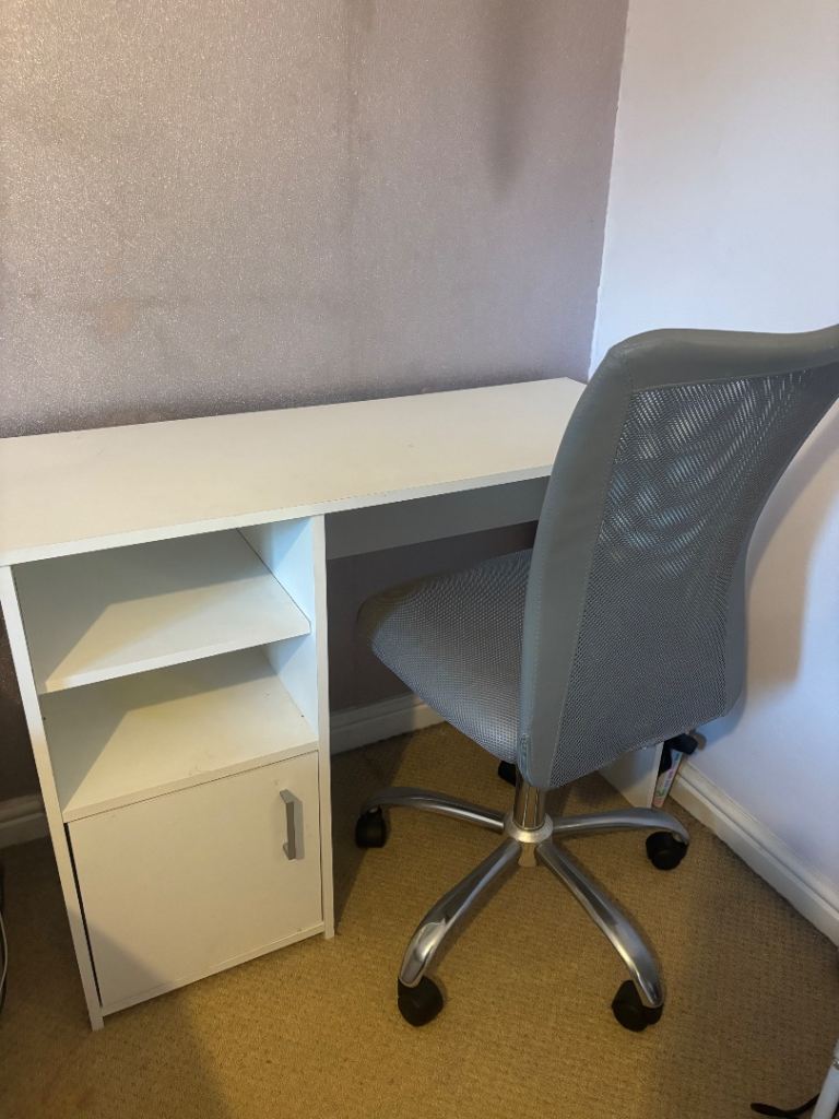 White Desk with Storage and Grey Office Chair