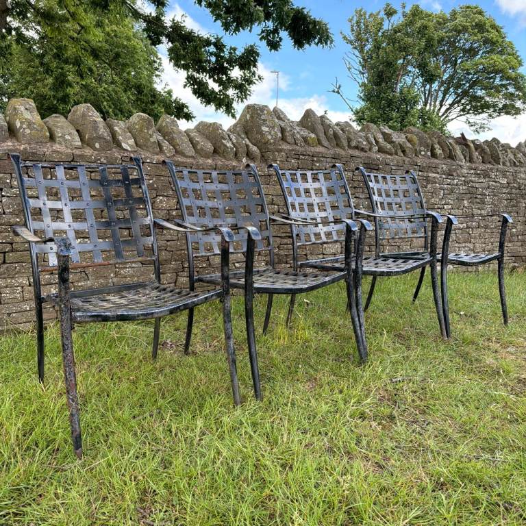Vintage Stacking Garden Chairs Set Of 4 Black Painted Steel Strapwork Armchairs