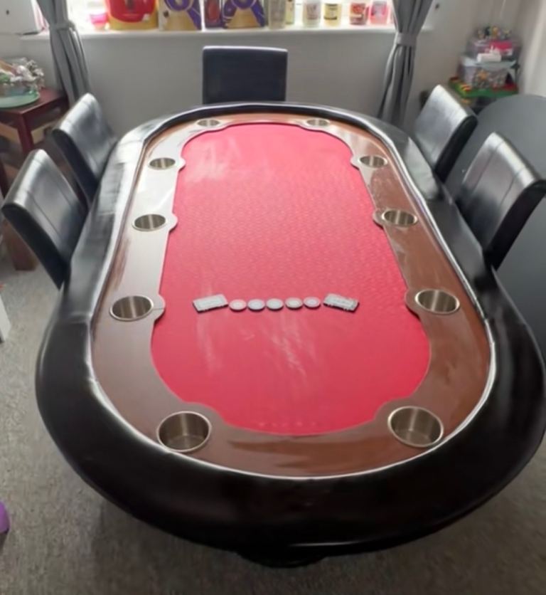 Poker Table with Red Felt and 6 Black Chairs