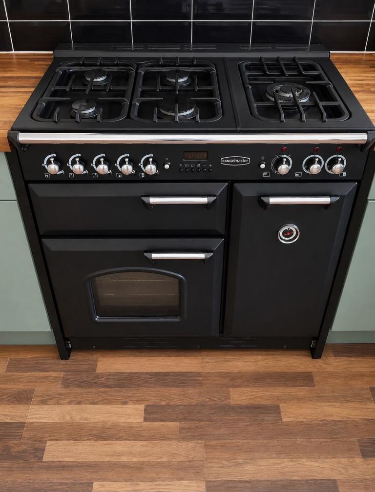 Rangemaster Black Freestanding Cooker – Gas Hob, Double Electric Oven