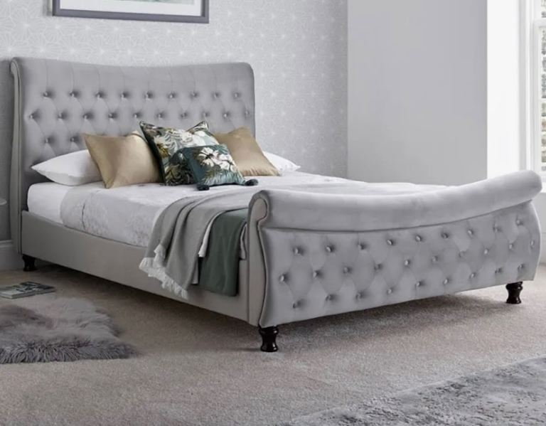 King size grey velvet slay bed frame simba king size mattress