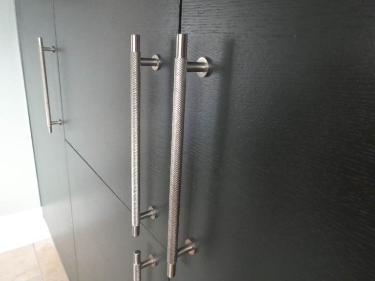  Cabinet handles X 6. As new. 224mm between holes. 290mm long overall. Top quality.£4 each