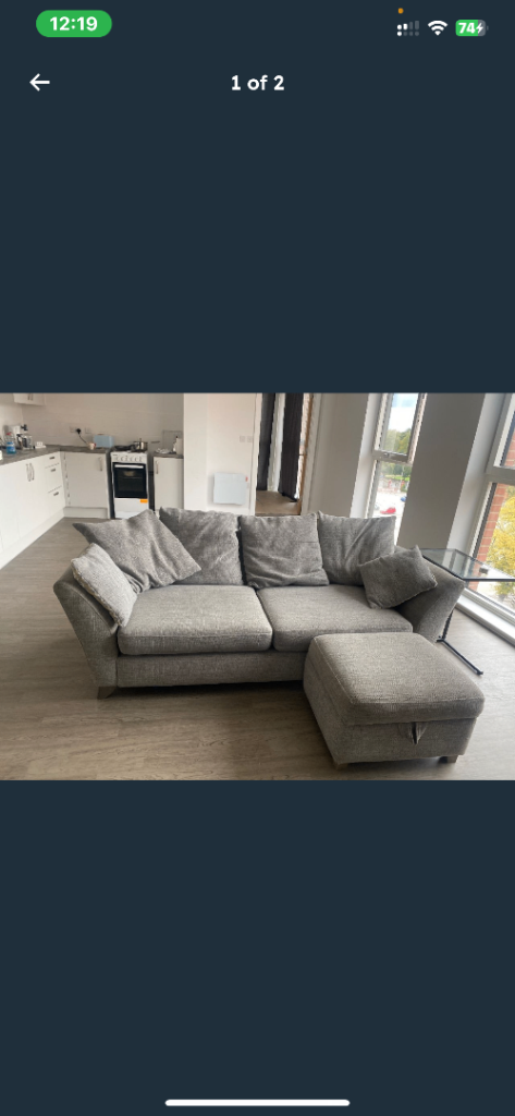REDUCED**Comfortable Grey Fabric Sofa with Matching Storage Footstool