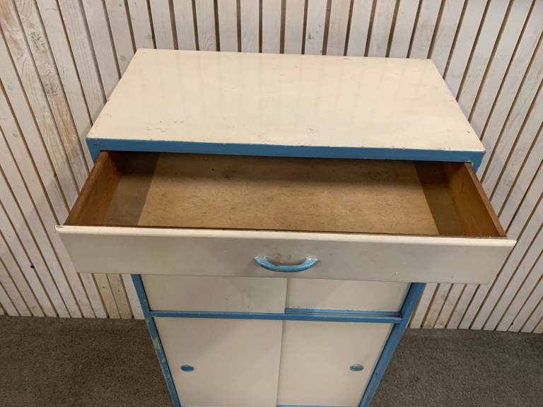 Kitchen Cabinet / Larder. Vintage 1950s in White +Blue Edge (Restoration Work Required)