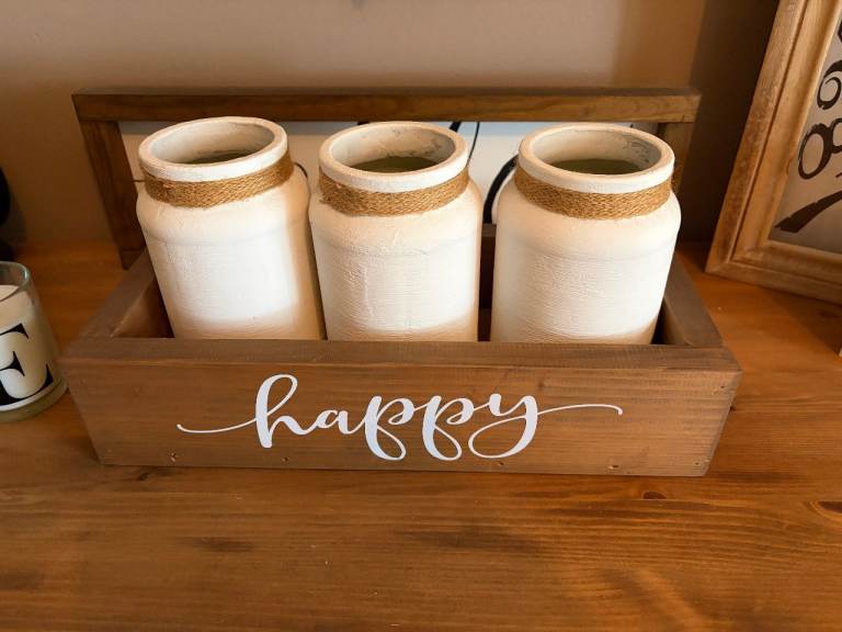 Lovely Rustic Wooden Happy Blessed Box With White Storage Pots Vases