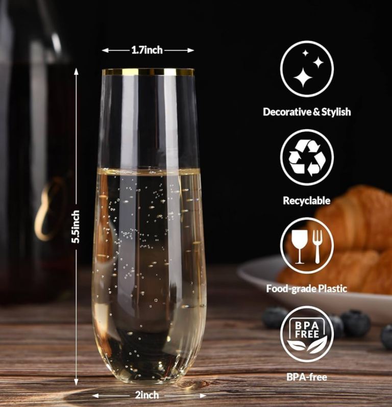 48 stemless plastic champagne flute / glasses with gold trim