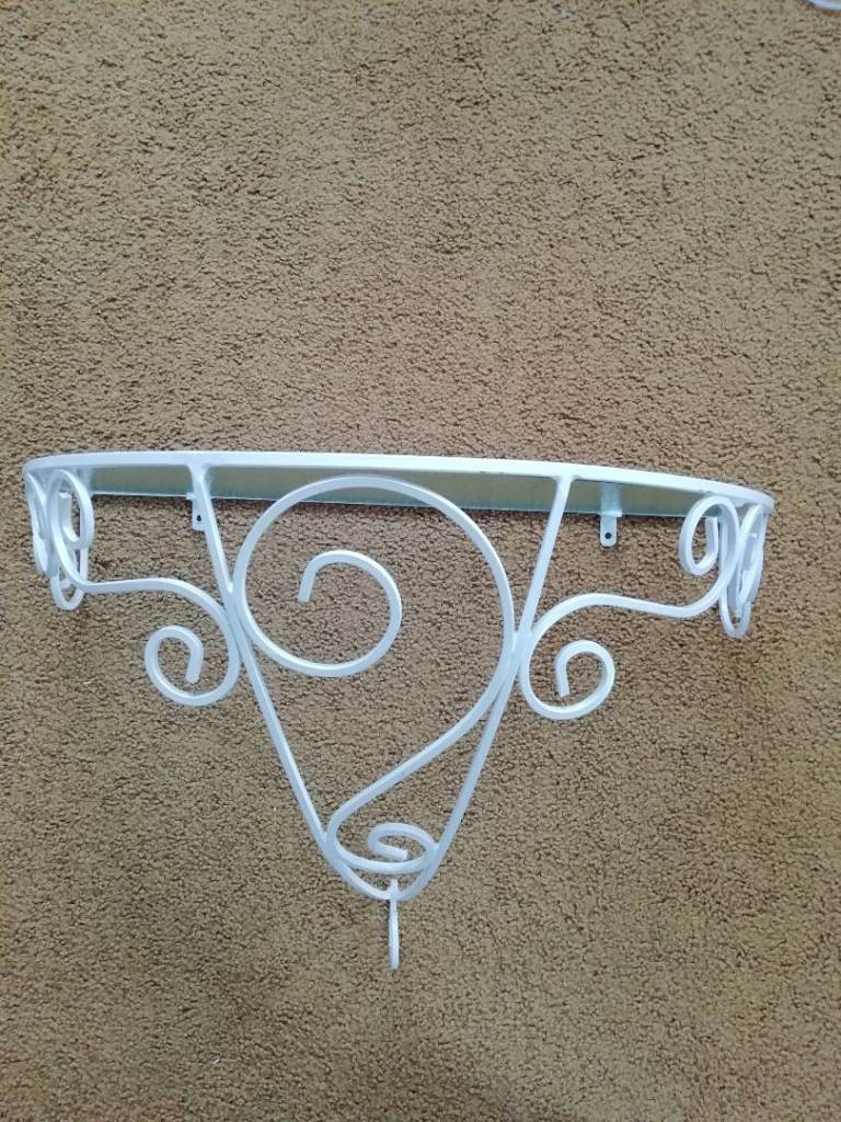 Vintage white scrollwork glass top wall shelf 