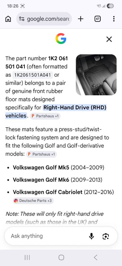 Genuine vw golf RHD front car mats