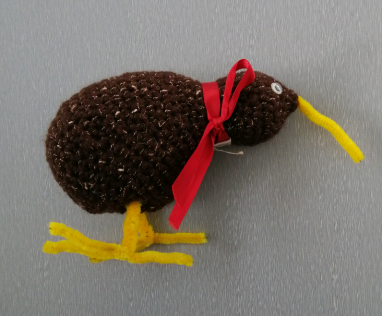 A Small Knitted Kiwi Soft Toy Made in New Zealand. 