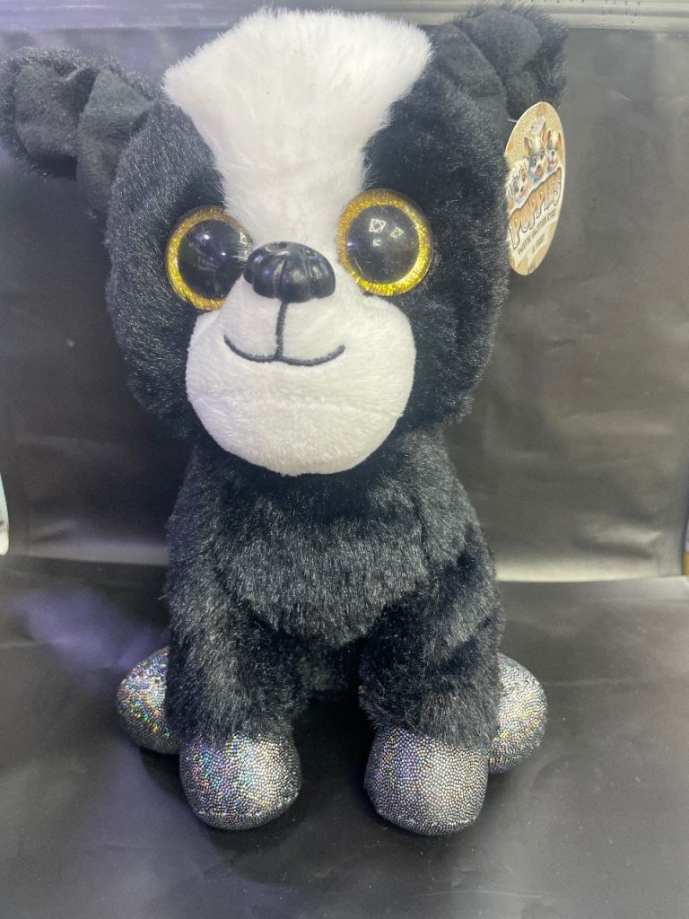 New Plush Black & White Puppy Dog Stuffed Animal Toy