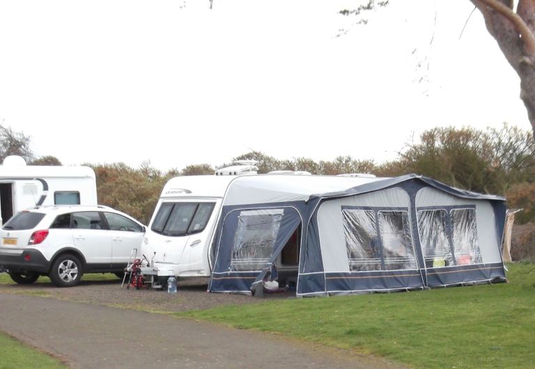 Full Caravan Awning - White & Blue, Good Condition