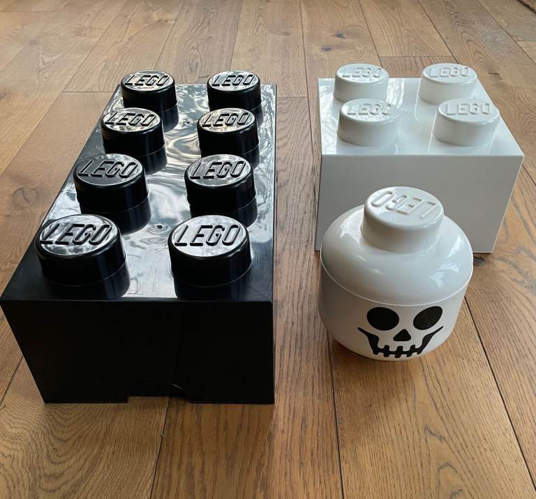 Used Lego Storage - Large Black Brick, Small White Brick and Skull Head