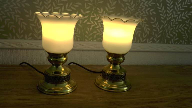 Pair of Brass Table Lamps with  Glass Shades